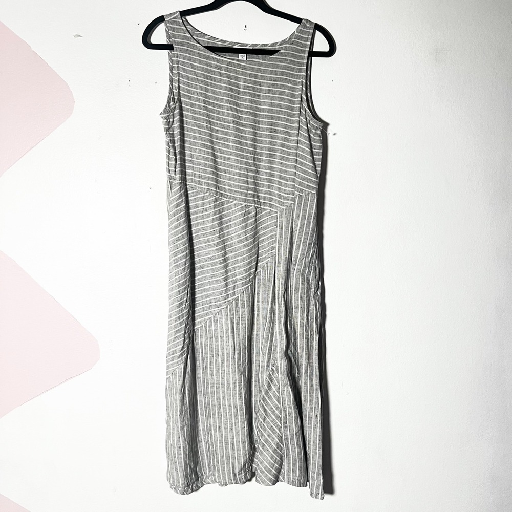 J. Jill 100% Linen Midi Dress Medium Petite Grey Striped Sleeveless Pockets